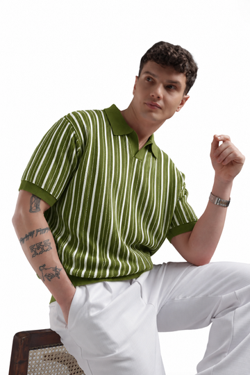 Verdant Riviera Open-Collar Knit Polo