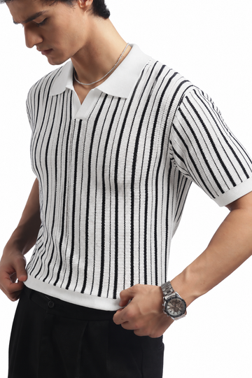 Ivory Noir Open-Collar Knit Polo